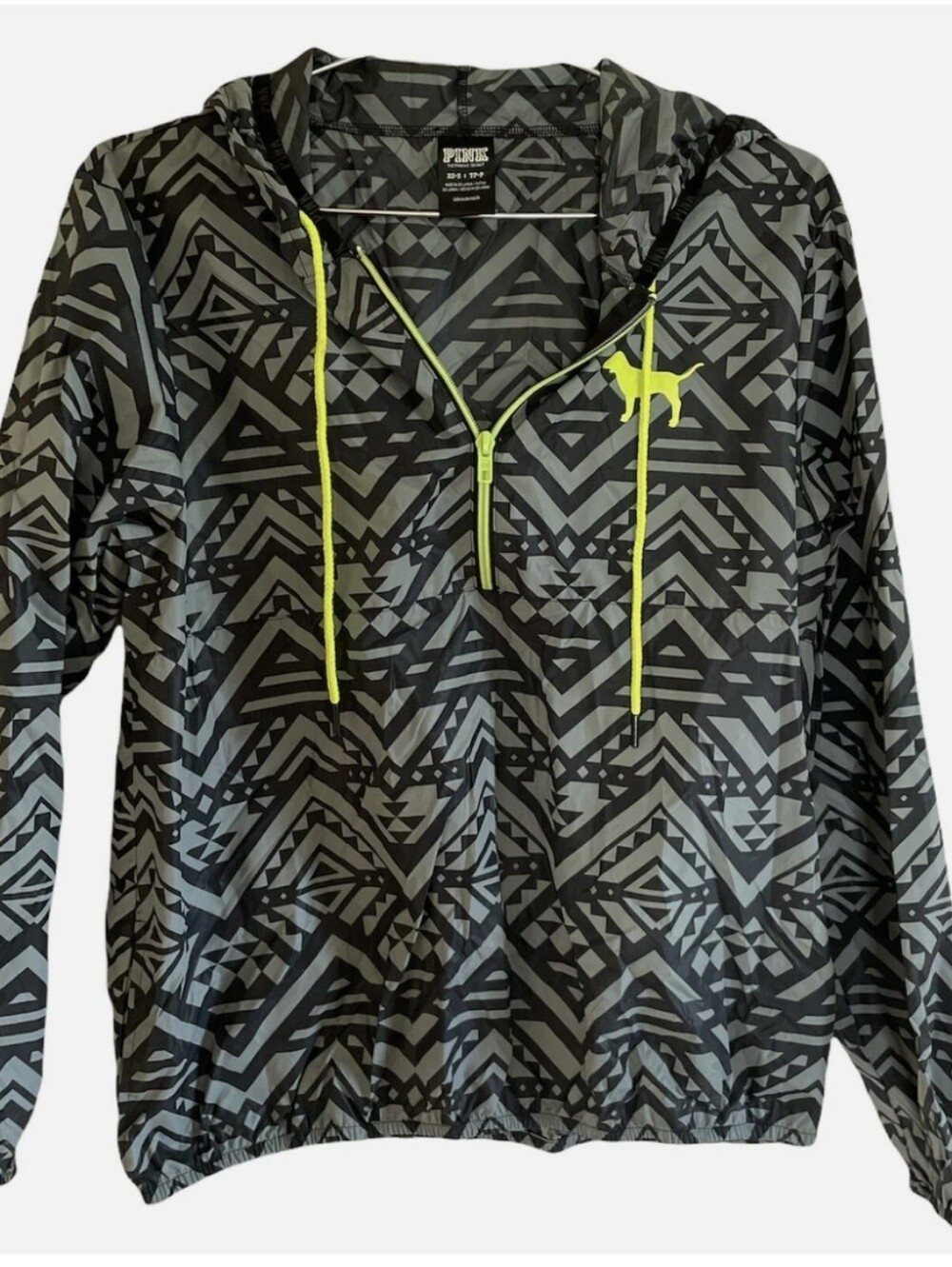 PINK Neon-Accent Geo Windbreaker Hoodie - Black & Gray with Neon Yellow